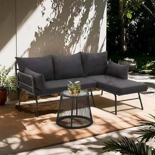 XIUWO Outdoor 3-Piece L-Shaped Rattan Patio Furniture Set
