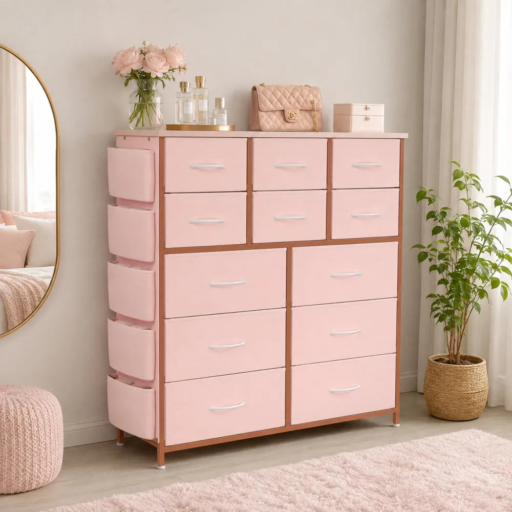 12 Drawer Dresser for Bedroom Fabric Storage Chest with Wood Top Steel Frame Side Pockets Hooks Organizer Cabinet for Living Room Entryway Bathroom Rustic Brown