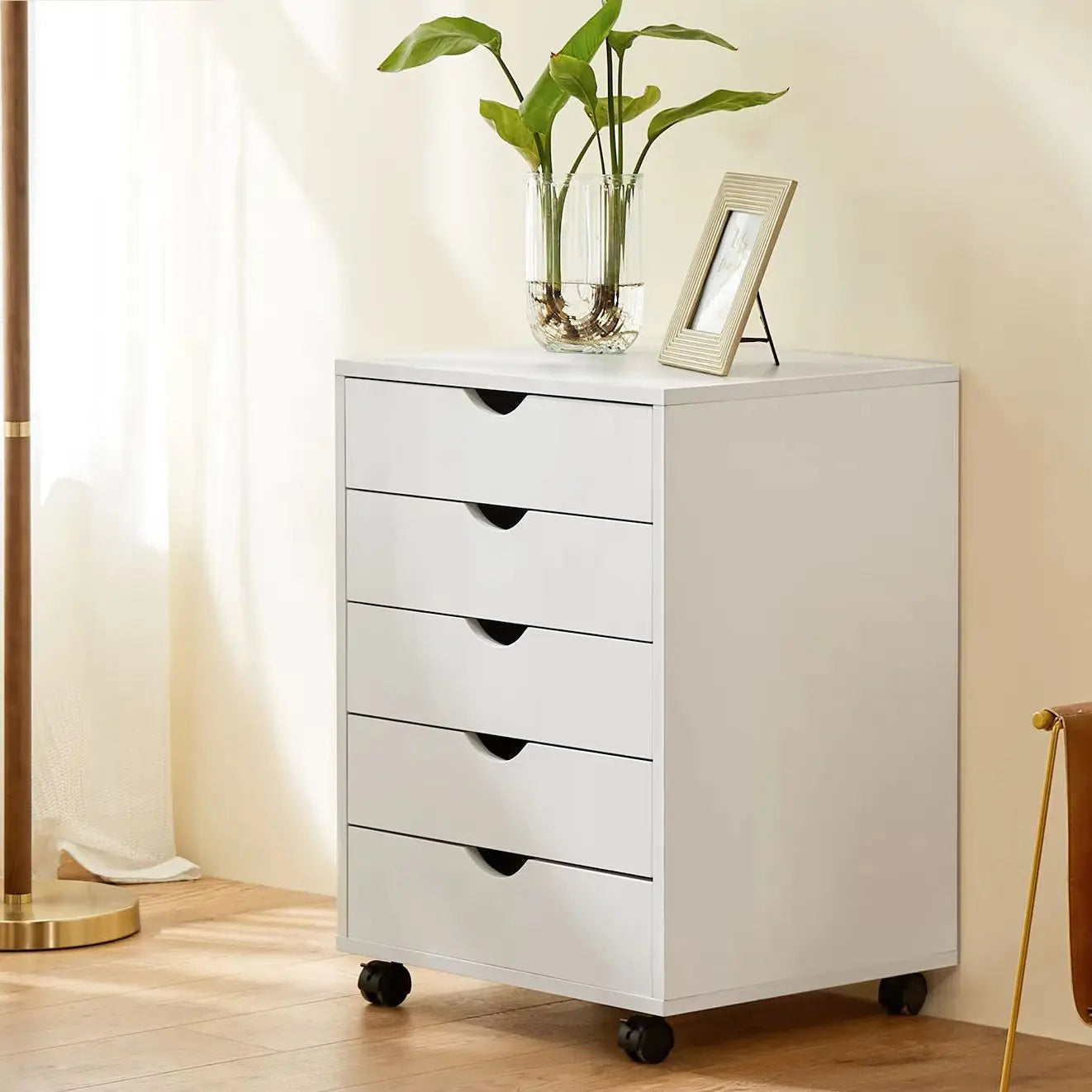 JHK Wood Nightstand Cabinet 5 Drawers Waterproof Surface Storage Organizer File Office Easy To Move Bedside Table Rotating Wheel