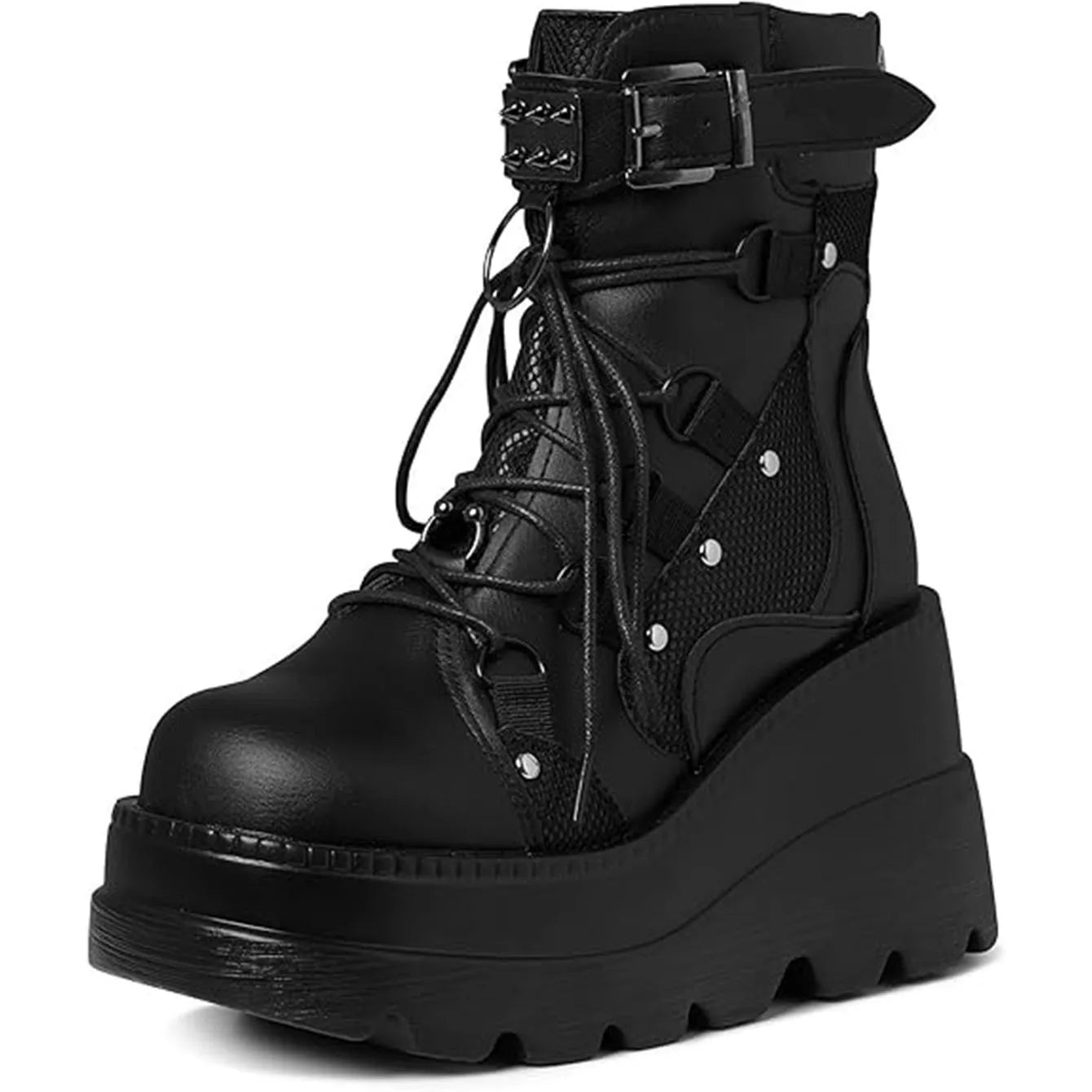 GIGIFOX Women's Goth Wedge Combat Ankle Boots Buckle Lace Up