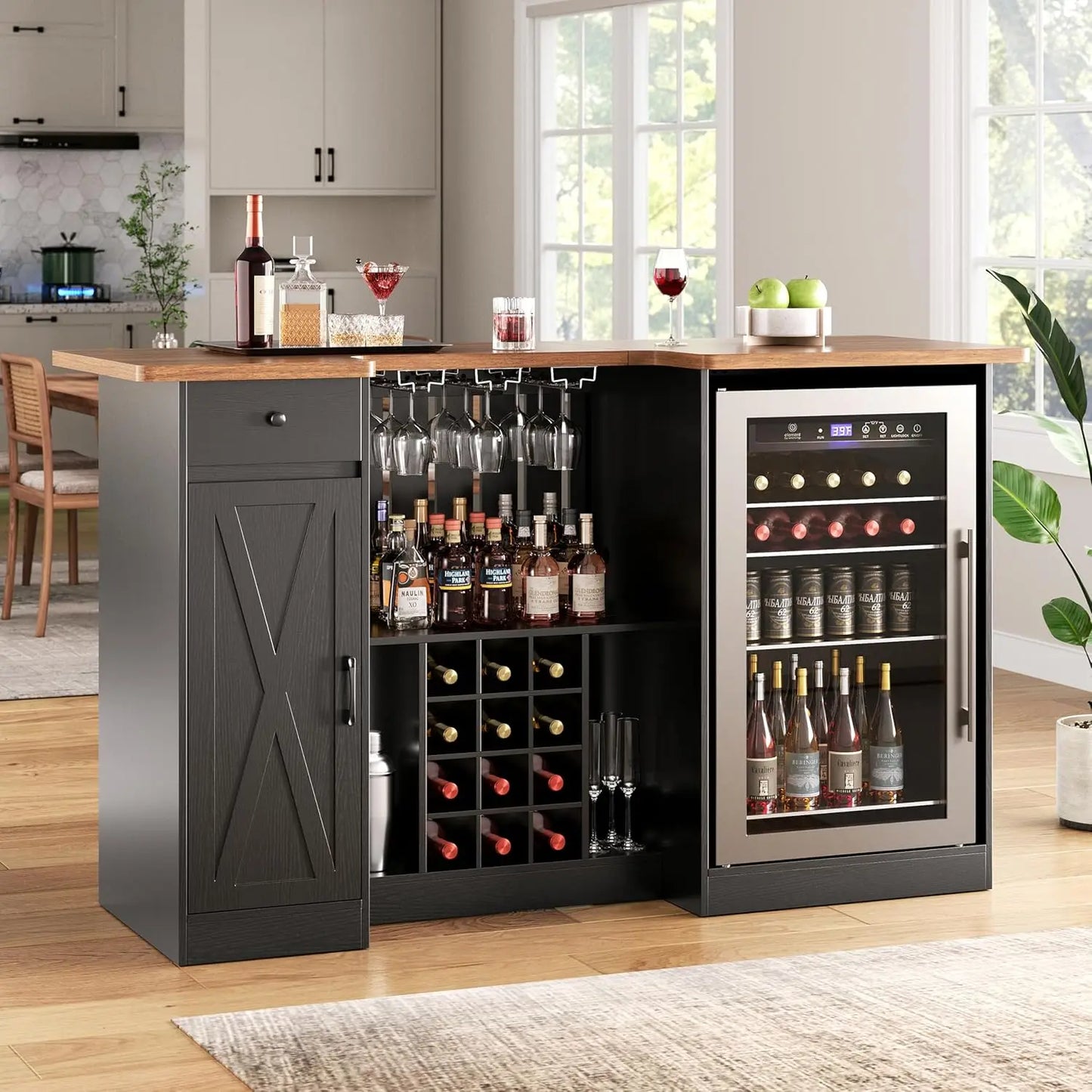 U Shape Bar Cabinet With Fridge Space And Wine Rack