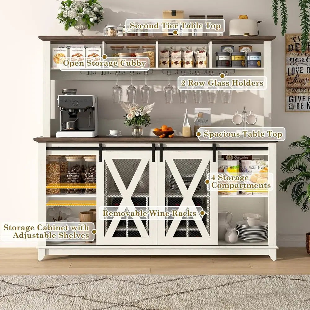 Bar Cabinet With Power Outlet LED Light And Wine Racks