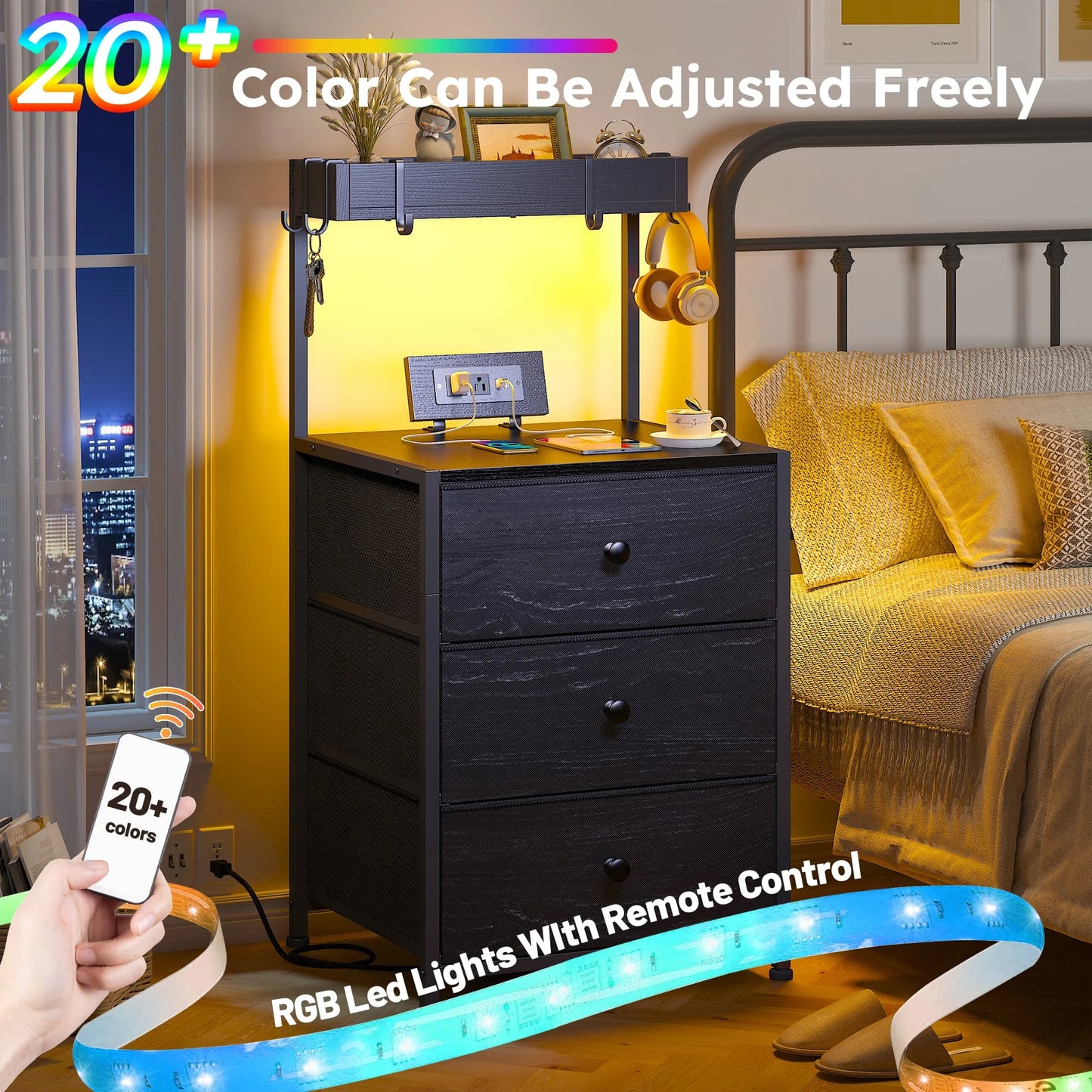 EnHomee 2 Pack Nightstands, LED RGB Bedside Table with Charging Station, 3 Fabric Drawers Side Table with Shelf & Hooks for Bedroom Entryway Closet