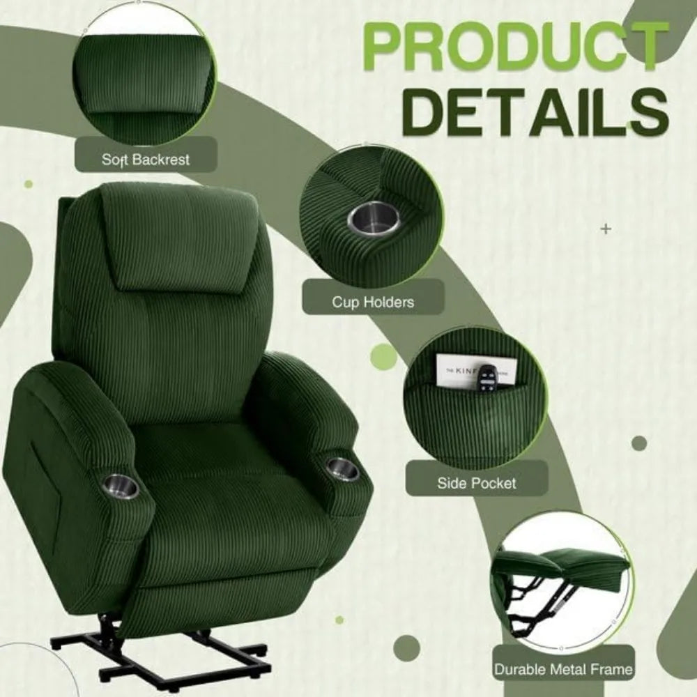 Electric Power Lift Recliner Chair For Seniors With Corduroy Fabric Cup Holders
