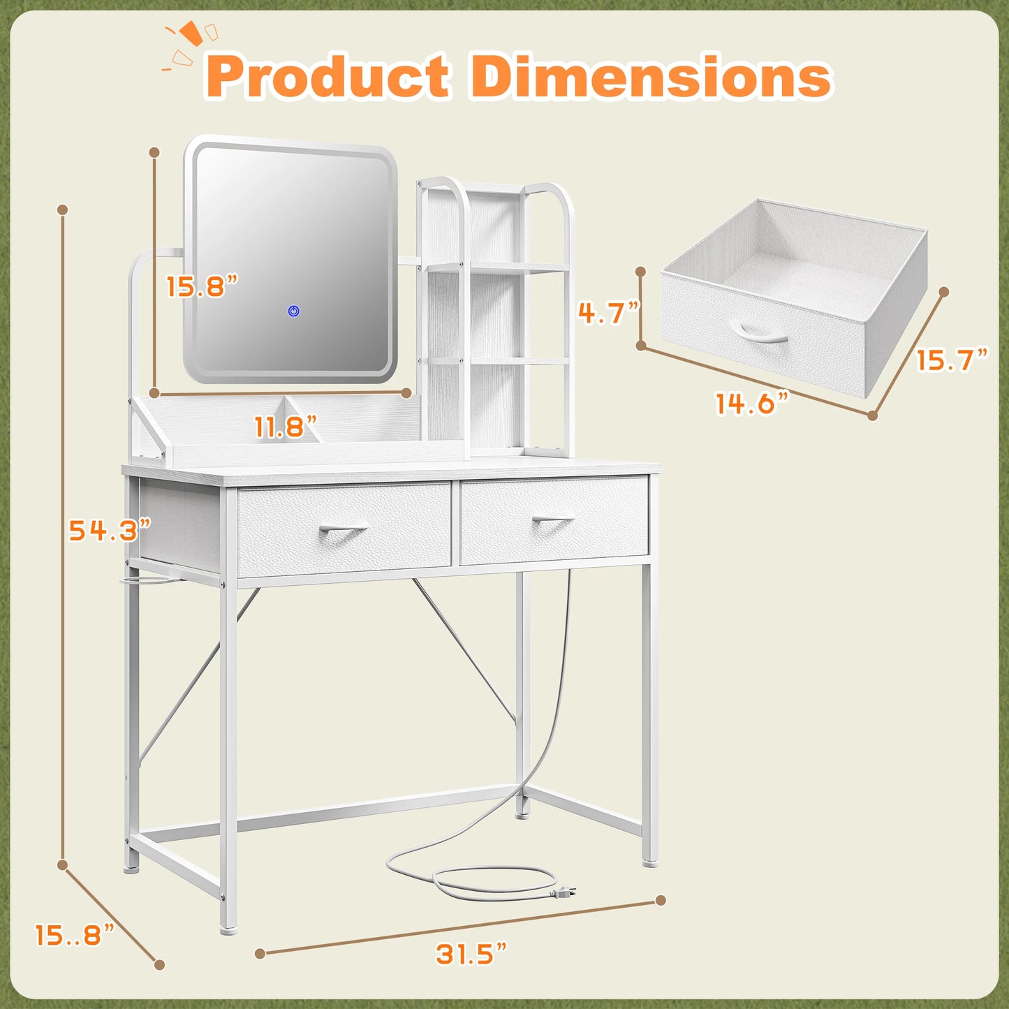 EnHomee LED Makeup Vanity Desk with 2 Fabric Drawers & Power Charging Station, Space Saving Dressing Table Dresser for Bedroom Dorm