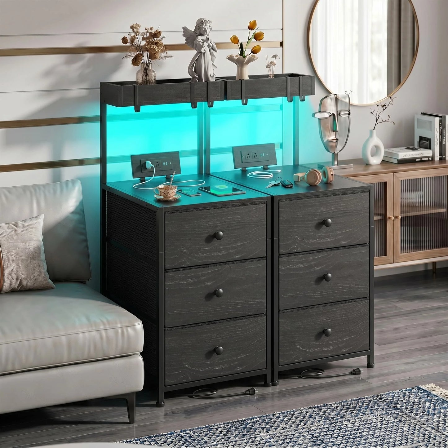 EnHomee 2 Pack Nightstands, LED RGB Bedside Table with Charging Station, 3 Fabric Drawers Side Table with Shelf & Hooks for Bedroom Entryway Closet