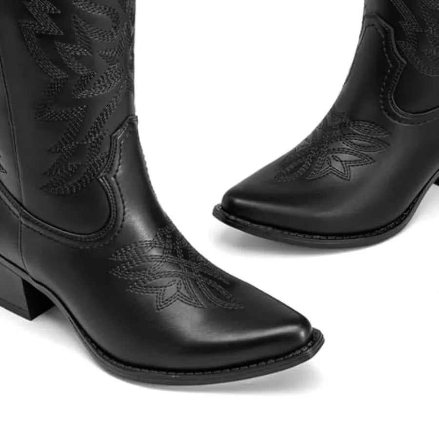 Women Cowboy Boots Embroidered Snip Toe Mid Calf Western