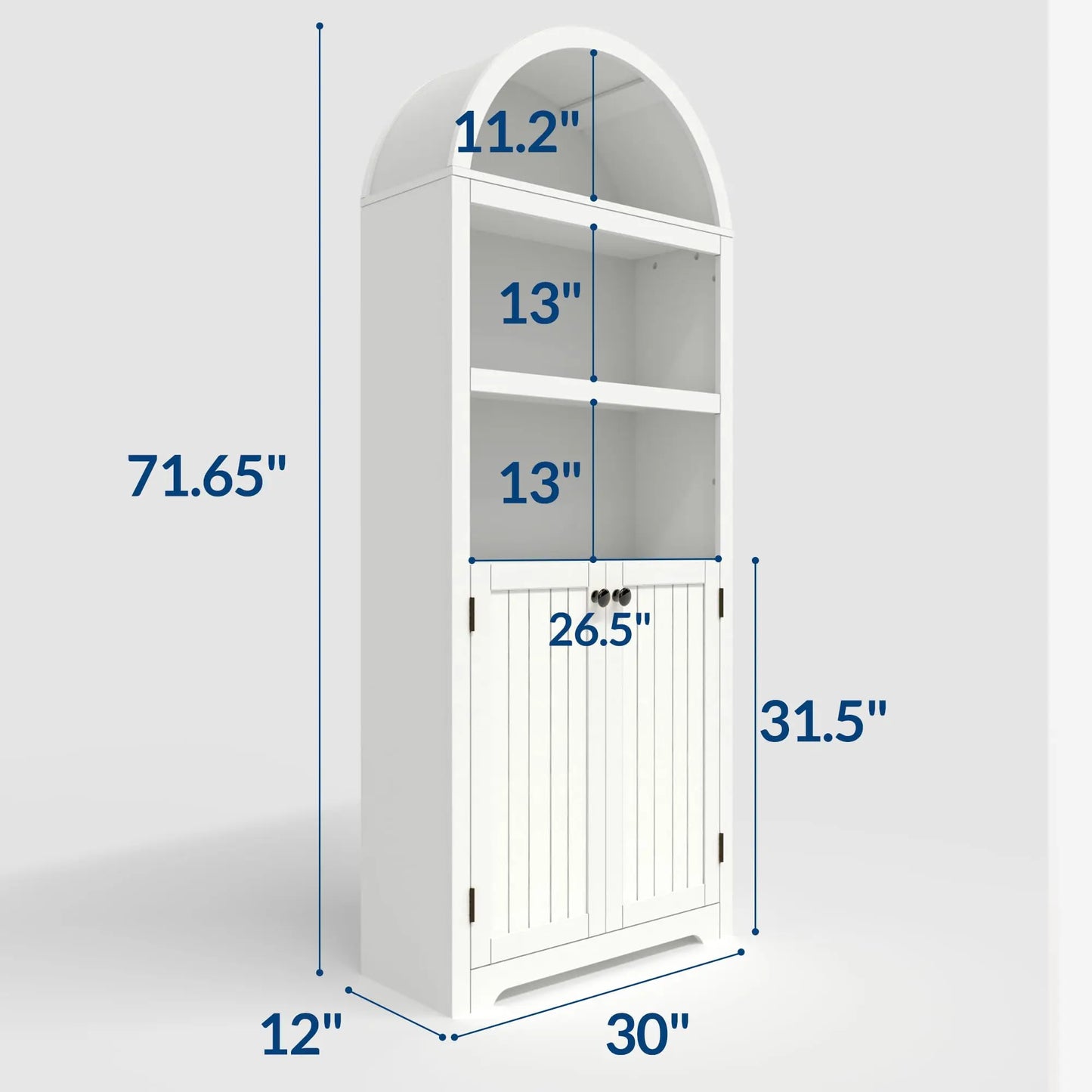 Arched Bookcase with Doors, 71 Inch Tall Storage Bookshelf with Cabinet and Shelves, Wooden Display Bookcase for Living Room, Home Office, White with Black Handles