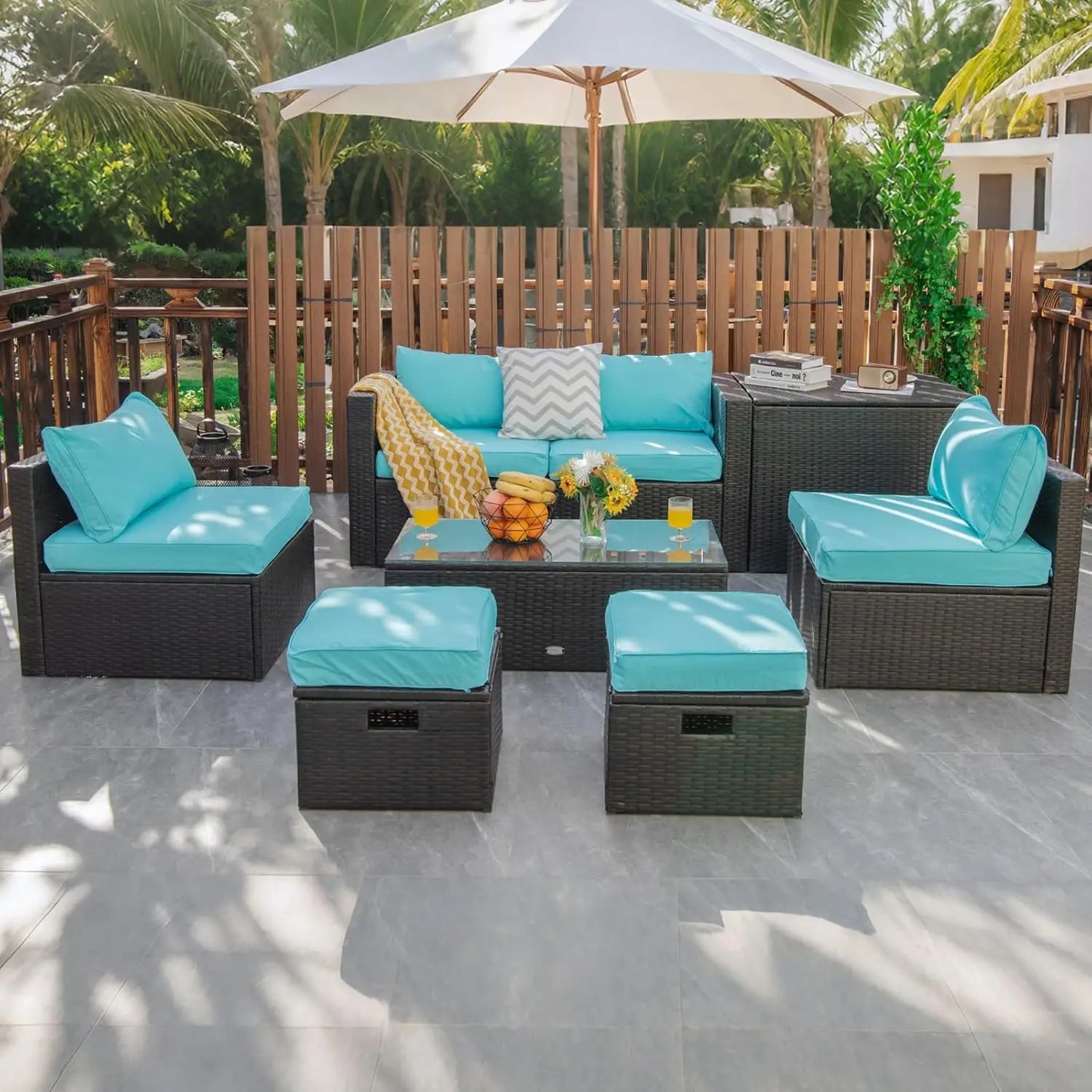 Rattan Outdoor Furniture Set With Glass Table And Storage Ottoman