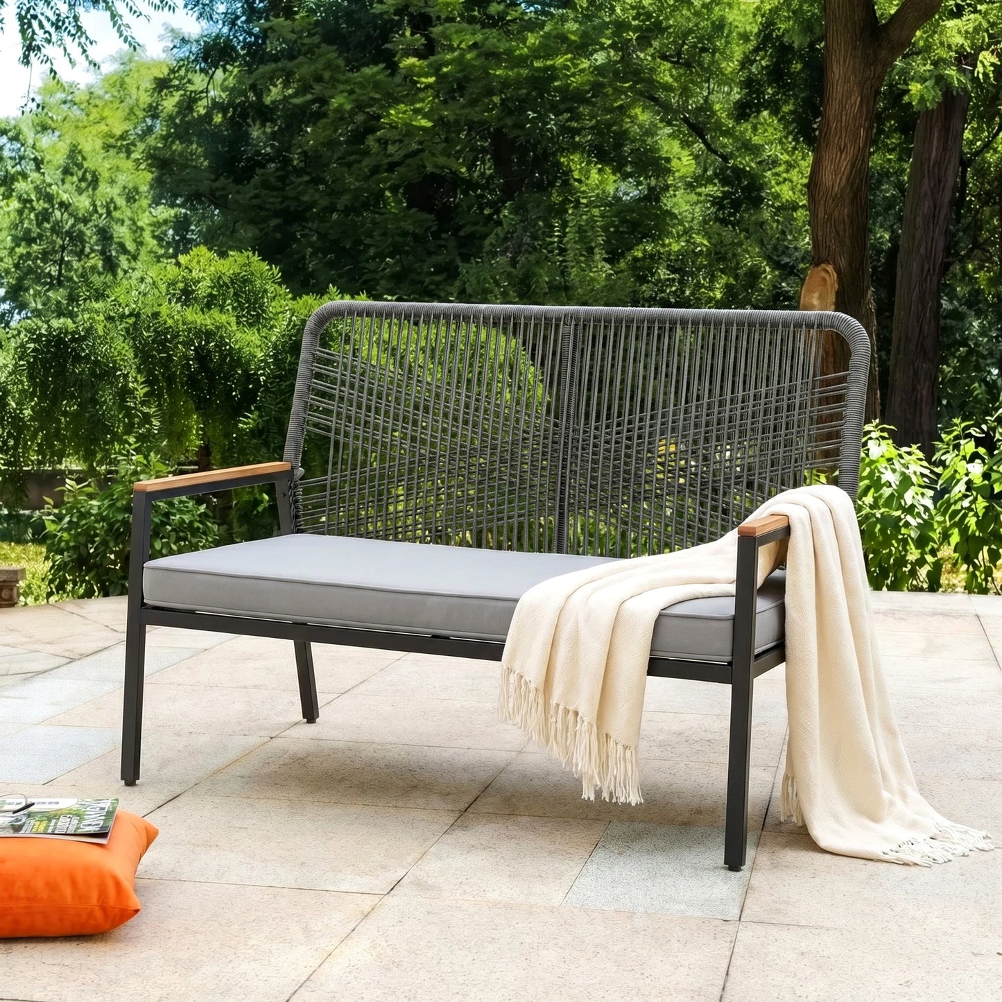 Modern Rattan Patio Loveseat With Wpc Armrest