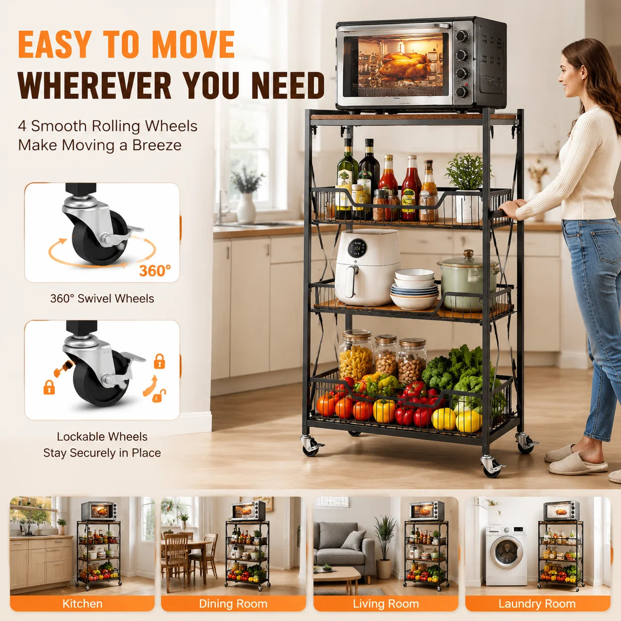 Large 4-Tier Foldable Storage Cart with Lockable Casters, 100 Lbs Capacity Expandable Kitchen Organizer, No Assembly Heavy Duty Garage Shelving Utility Rack, Black