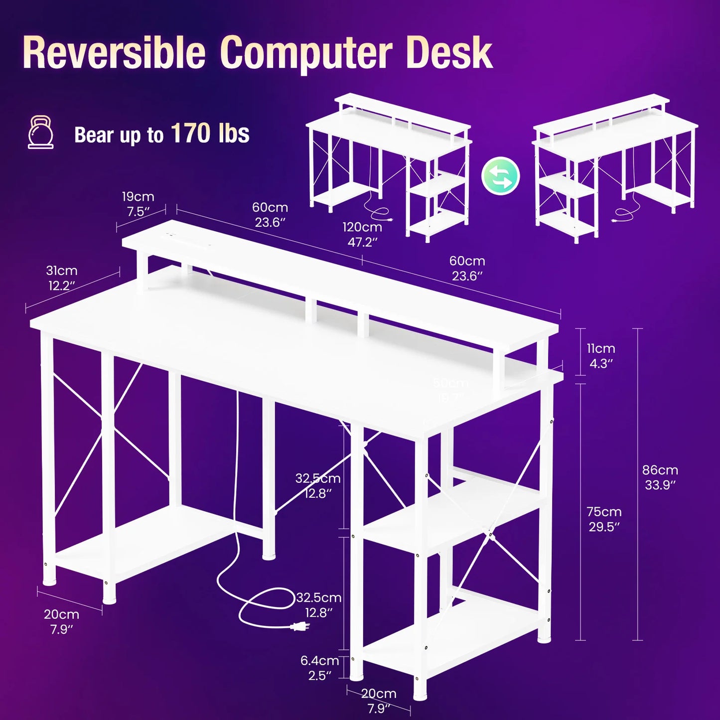 JHK 48 Inch Computer Desk With Shelves And Power Outlets