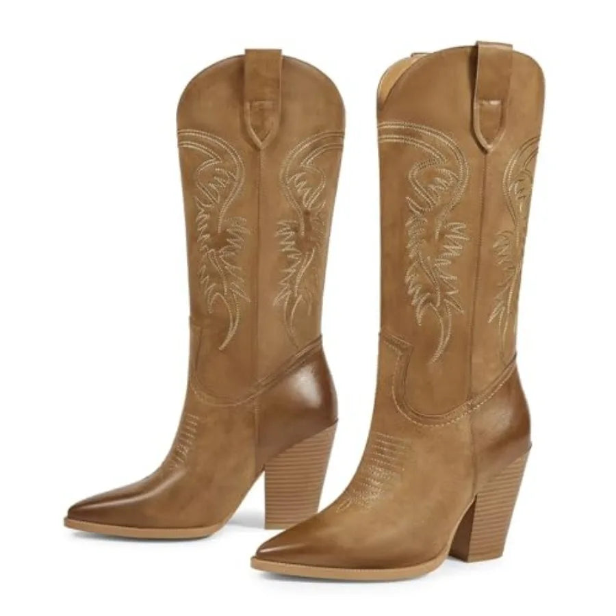 ISNOM Women's Pointed Toe Cowboy Boots Western Footwear