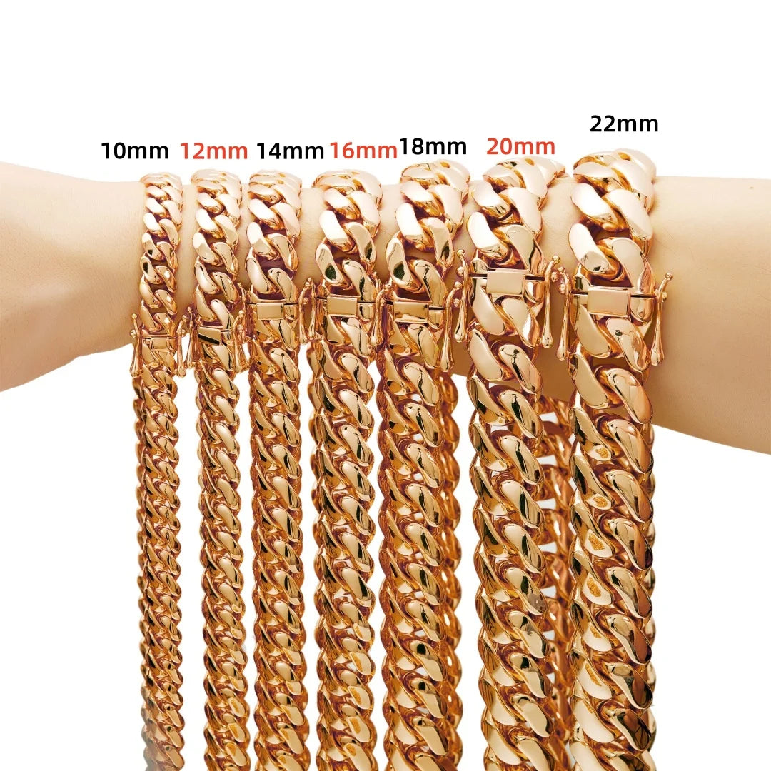 14-22mm Hip Hop Bling Rose Gold Color 316L Stainless Steel Dense Cuban Miami Link Chain Necklaces for Unisex Rapper Jewelry(1PC)