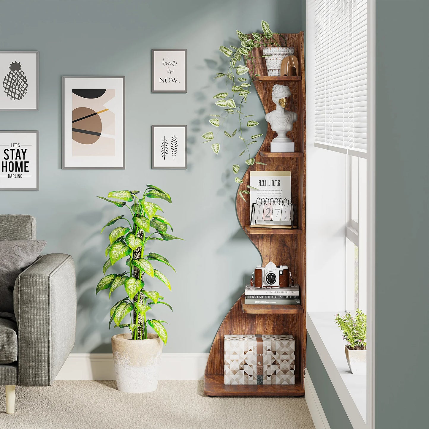 Tribesigns Rustic 5-Tier Corner Shelf Wall Bookcase For Living Room