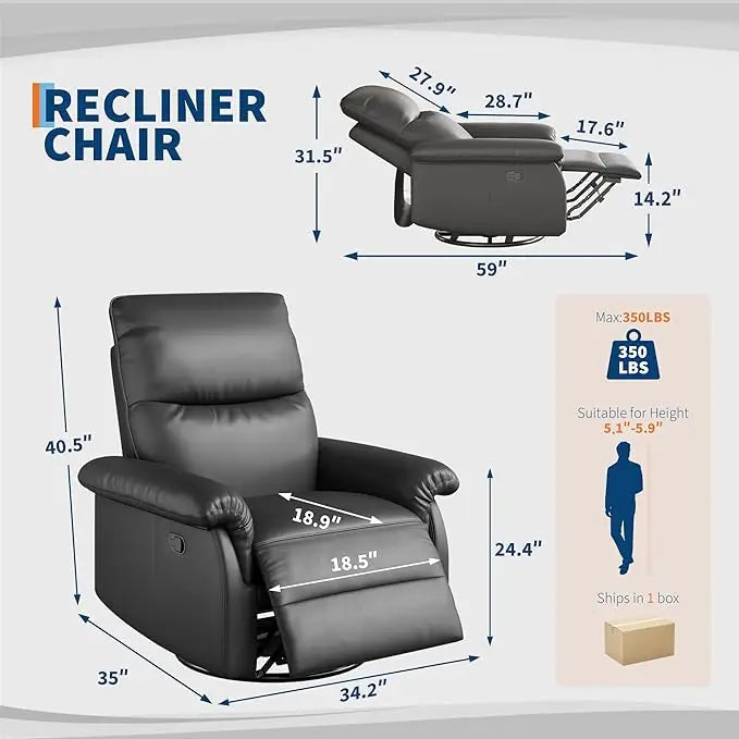 Recliner Chair, 360° Swivel Rocker Glider Nursery Chair with Padded Armrest and Deep Seat, PU Leather Upholstered Reclining Sofa Chair for Living Room