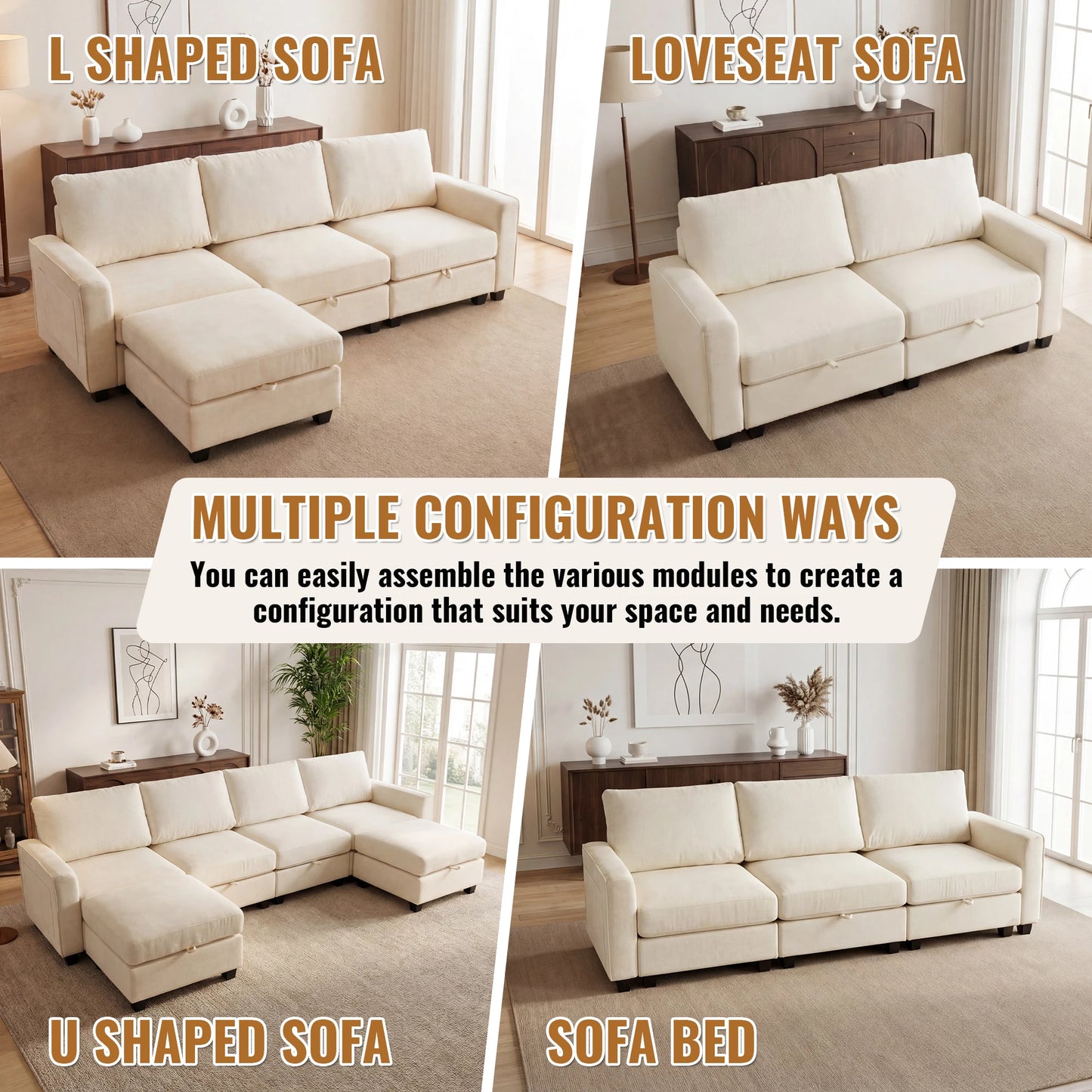 Modern Redlife U Shaped Sectional Sofa Set With Storage
