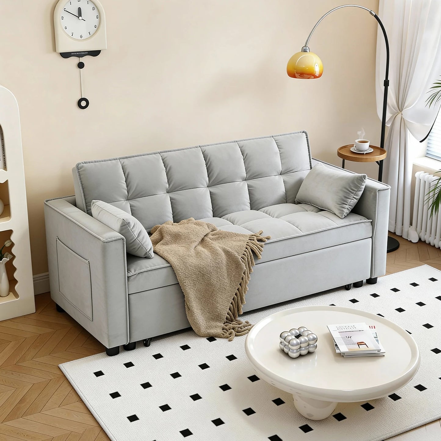 Velvet Convertible Sleeper Sofa With Modern Tufted Back Design