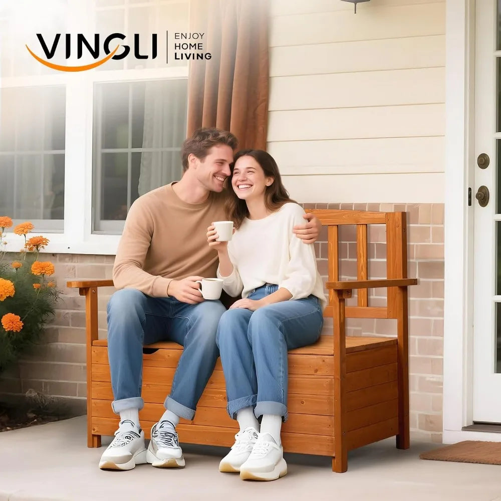 Outdoor Wood Storage Bench With Seating For Deck And Garden
