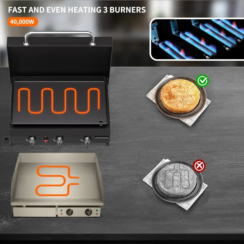 RBXC 3 Burner Gas Griddle With Hood 45000 BTU Portable Outdoor Flat Top