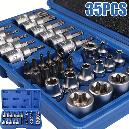 35-piece set of Torx and E-Torx screwdriver bits, compatible with 1/4-inch, 3/8-inch, and 1/2-inch drivers, including male and female E-Torx security screwdriver bits, designed for handheld use