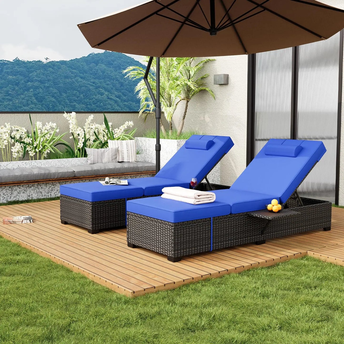 Outdoor Wicker Rattan Chaise Lounge Chairs Set Of 2 With Adjustable Back