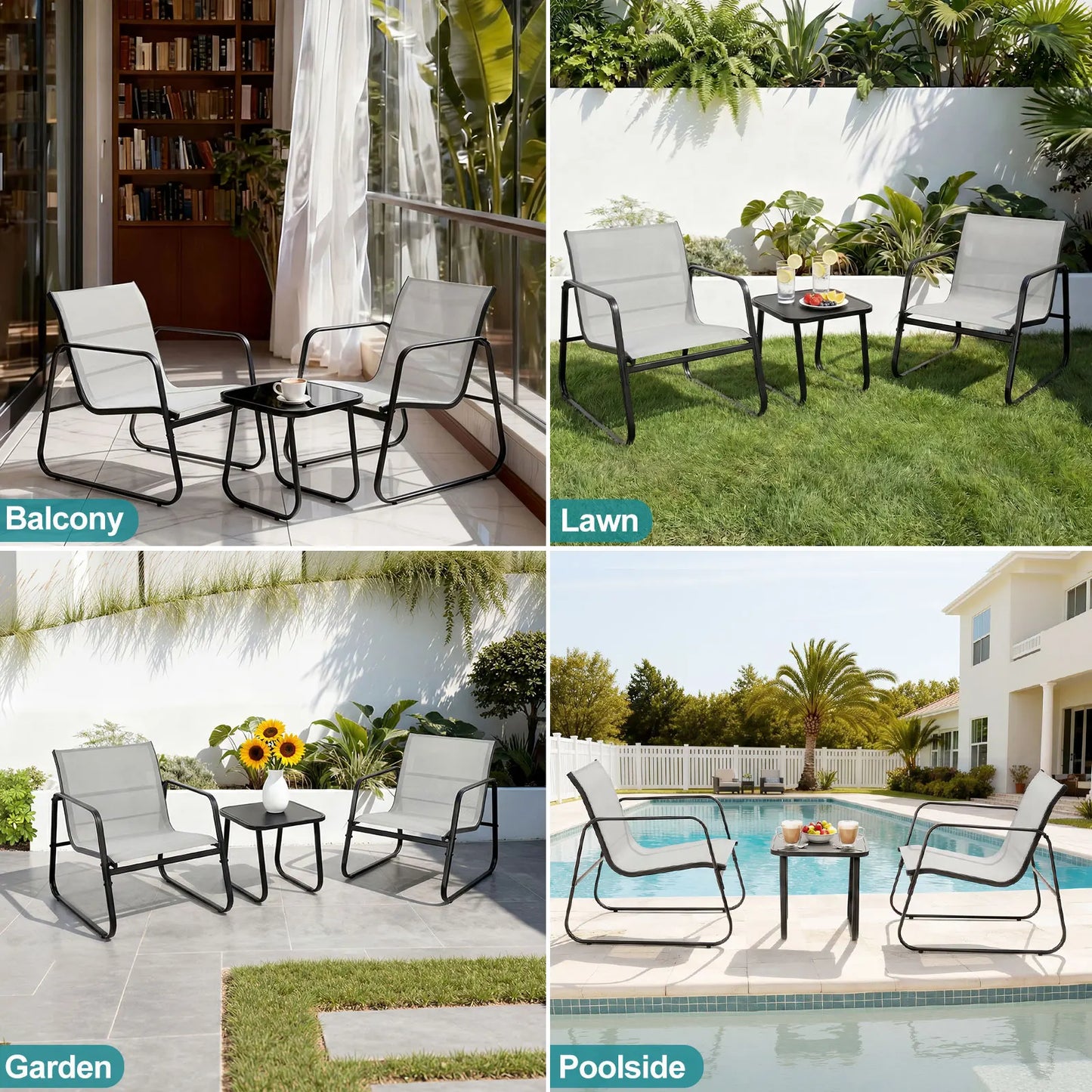 JHK Patio Furniture 3 Piece Set With Table Mesh Back