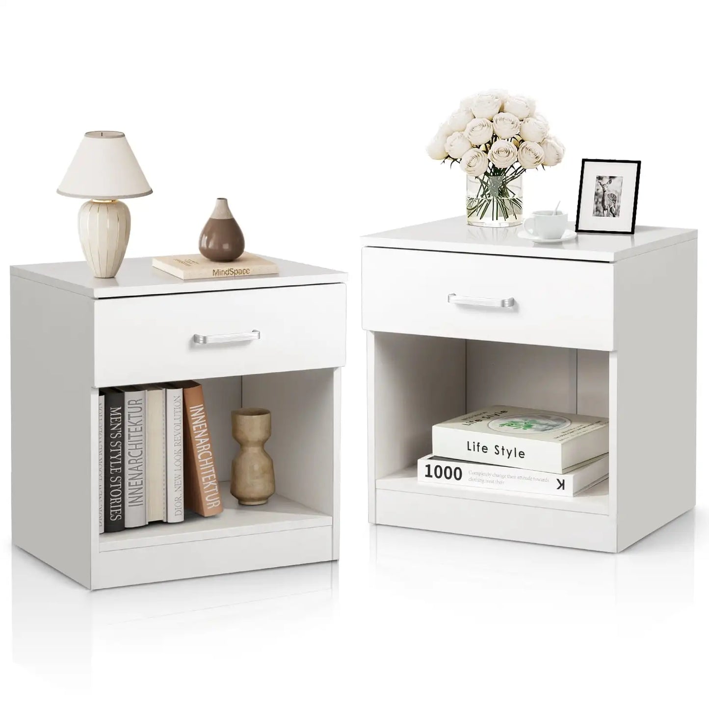 White Set Of 2 Wood Elegant Night Stand W/1 Drawer Storage Beside End Table
