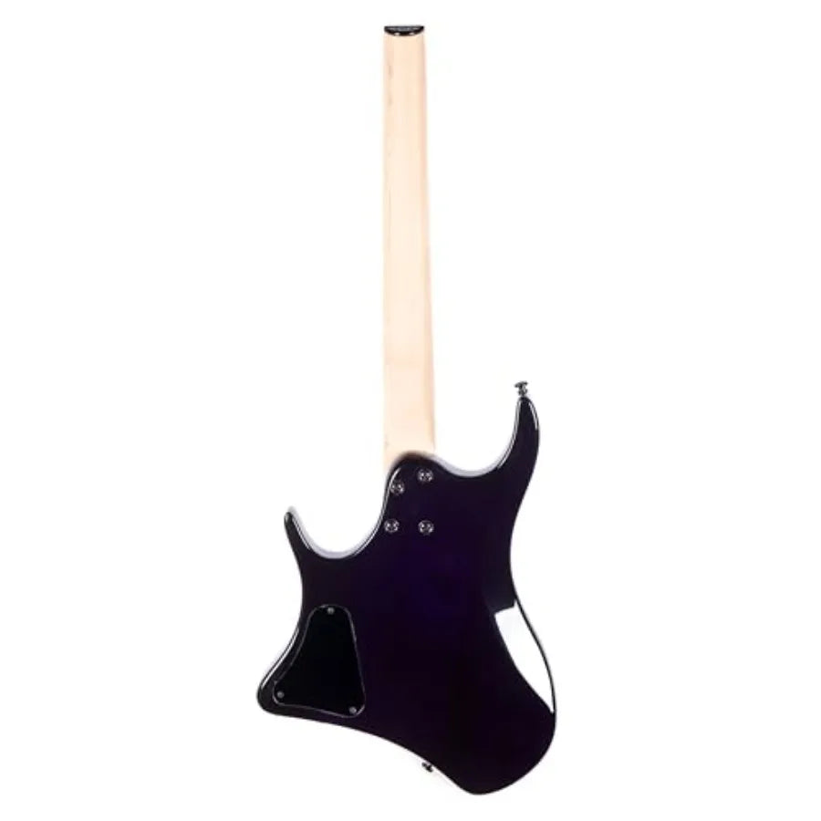 Travel electric guitar for on-the-go playing, mahogany body with maple neck, black finish, lightweight headless design with dua