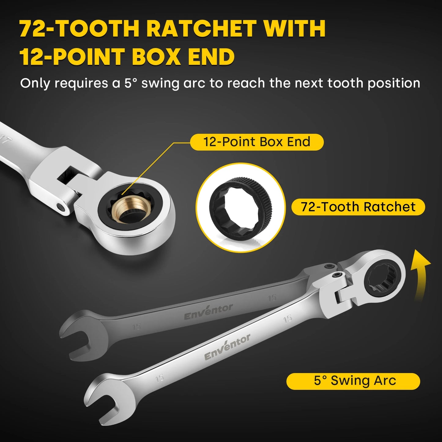 Enventor 14 Pieces Ratcheting Wrench Set 180° Flex Head Metric 6-19mm Combination Ratchet Wrenches Set Rolling Pouch For Garage