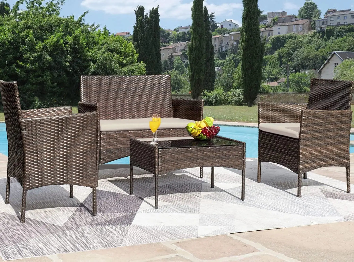 Outdoor Rattan Patio Furniture Set 4 Piece With Cushions And Glass Coffee Table