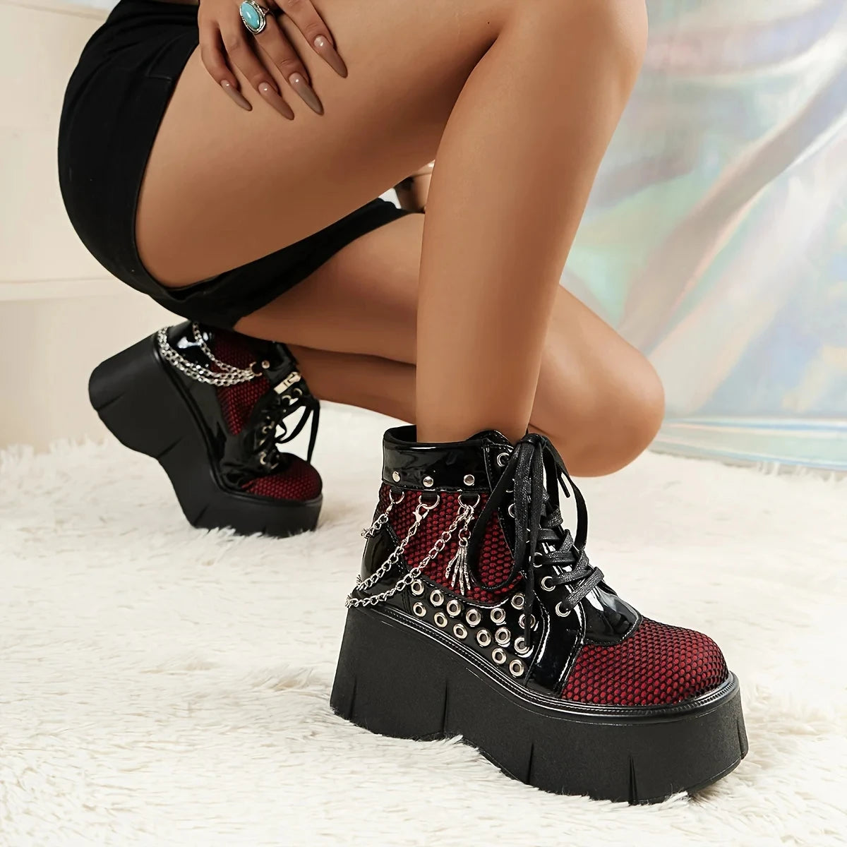 Women's Punk Goth Platform Boots With Chain Details