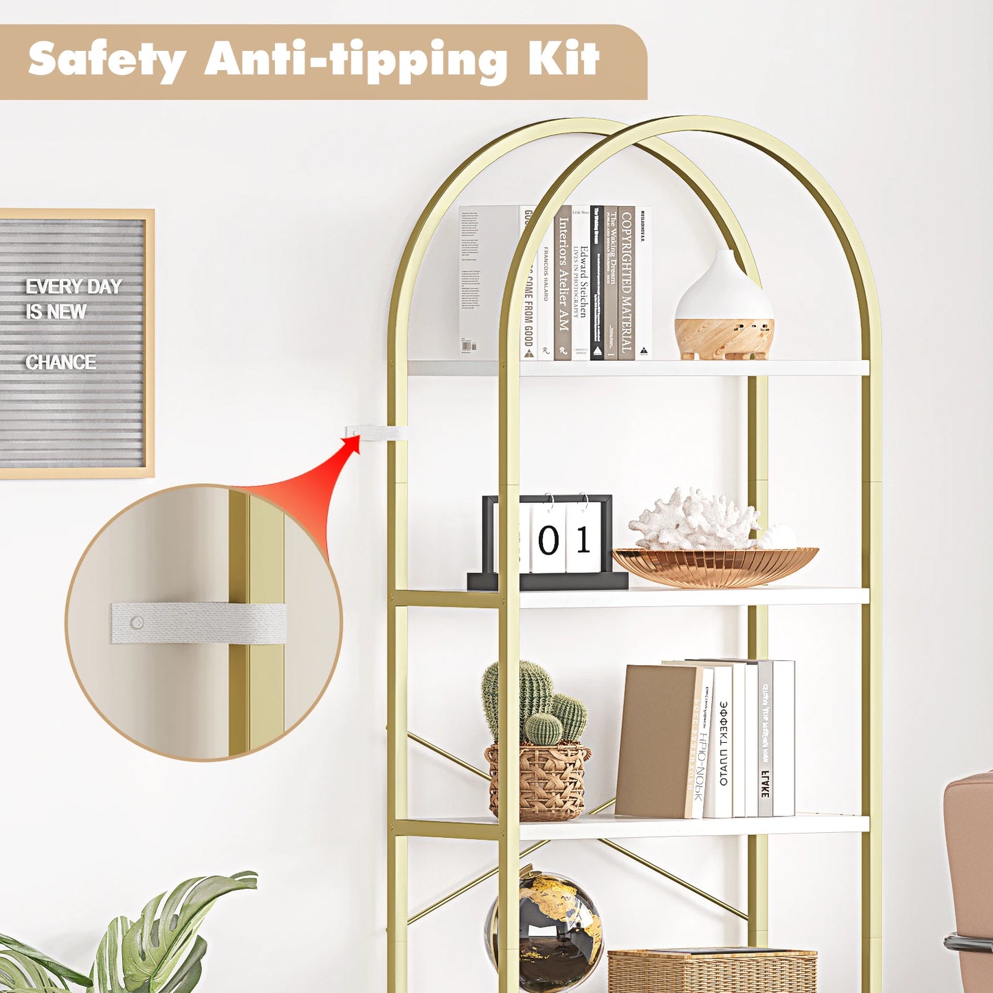 HiMISS 5 Tier Bookshelf Arched Display Metal Frame Bookcase
