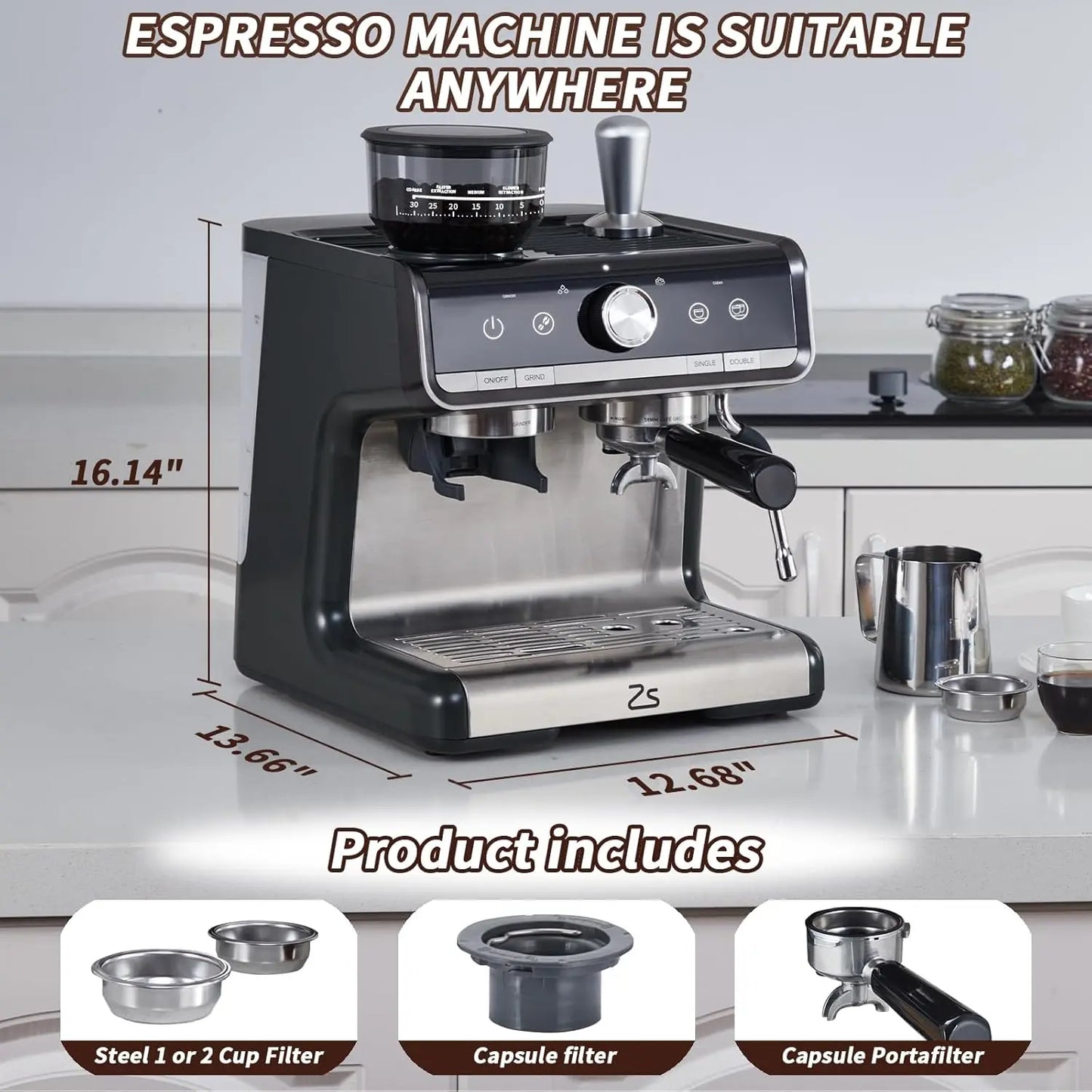 Acekool Espresso Machine With Grinder And Milk Frother Steam Wand 20 Bar