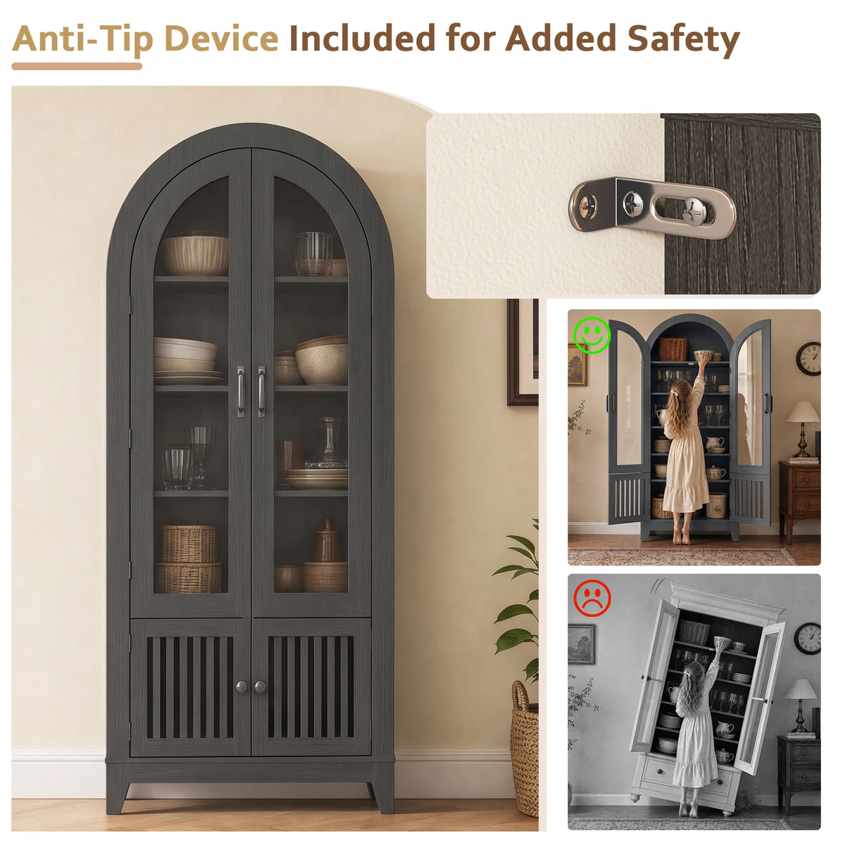 TCGBKAF Arched Kitchen Pantry Cabinet With Glass Door And Shelves