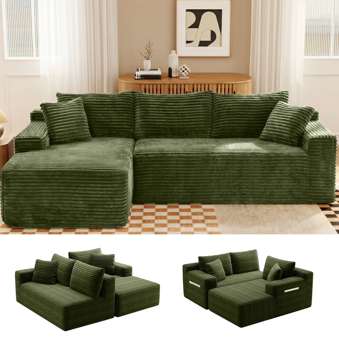 Black Corduroy Modular L-Shape Sectional Sofa With Chaise