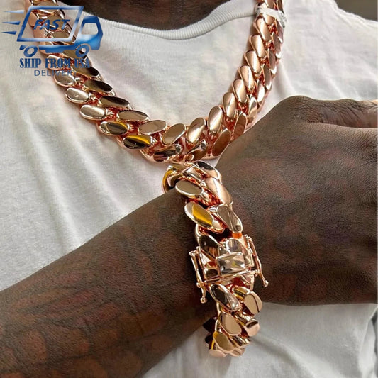 14-22mm Hip Hop Bling Rose Gold Color 316L Stainless Steel Dense Cuban Miami Link Chain Necklaces for Unisex Rapper Jewelry(1PC)