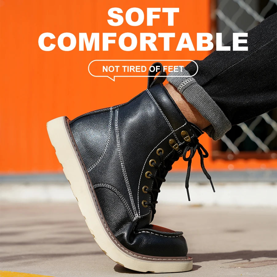 Two Layer Cowhide Mens High Top Work Safety Shoes Anti Smash Puncture