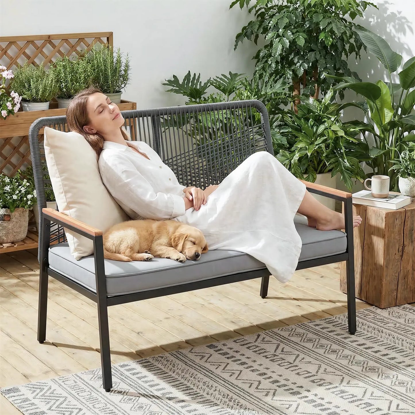 Modern Rattan Patio Loveseat With Wpc Armrest