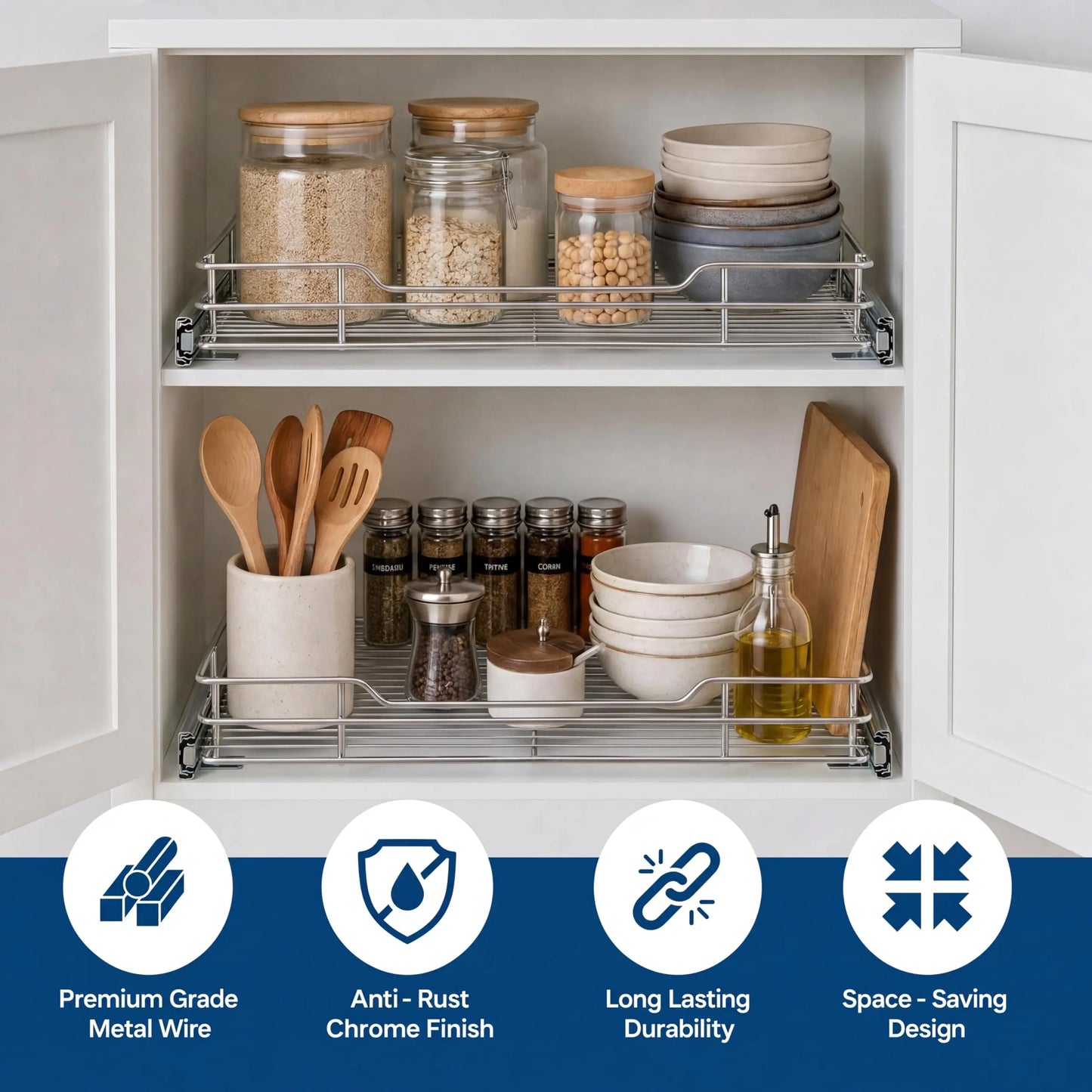 Pull Out Cabinet Organizer, Heavy Duty  Full Extension Slide Out Kitchen Organizers and Storage Roll Out Shelf Drawer for Pots Pans Under Sink Cabinet Organizers