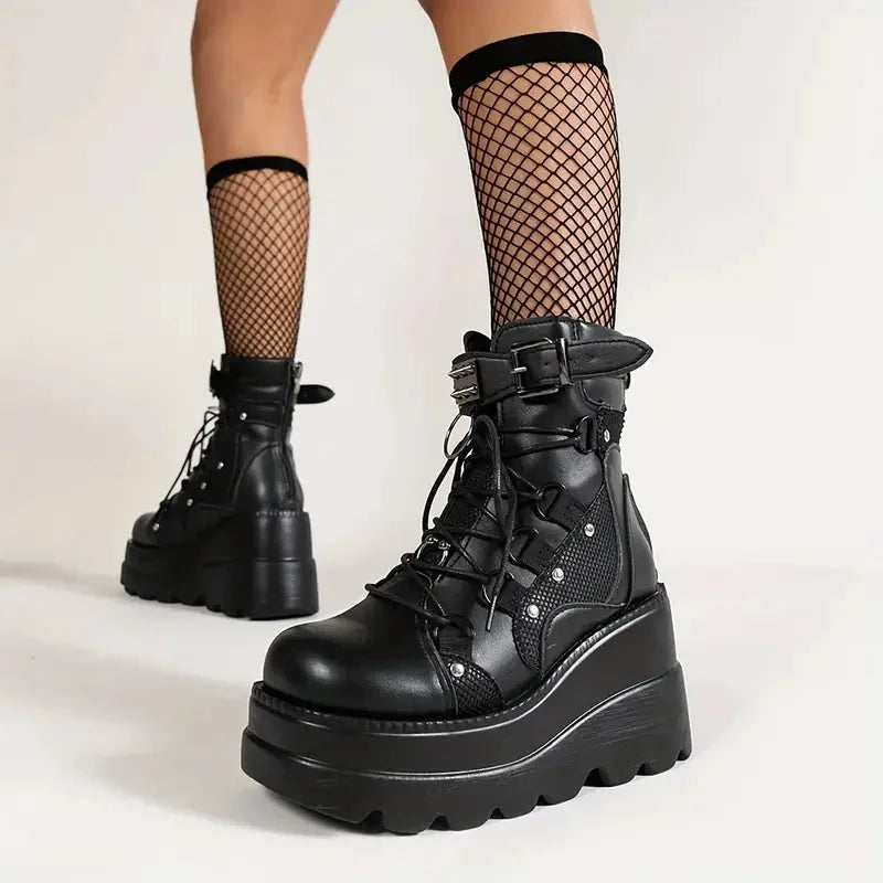 GIGIFOX Women's Goth Wedge Combat Ankle Boots Buckle Lace Up