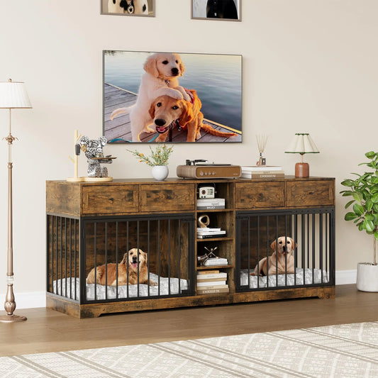 HiMISS Heavy Duty Wooden Dog Crate TV Stand With Drawers