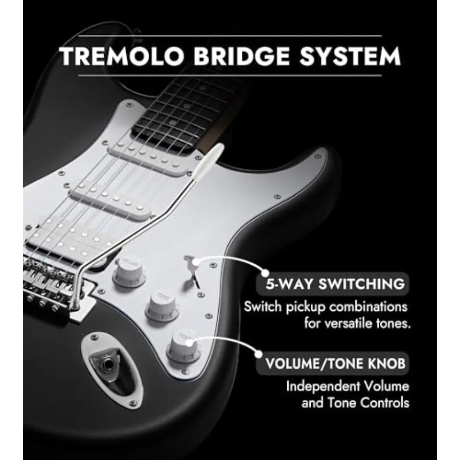 Beginner Electric Guitar, Solid Body, 39 Full Size Strat Style with HSS Pickups, 5-Way Switch, Tremolo Bridge, Maple Neck Tecto