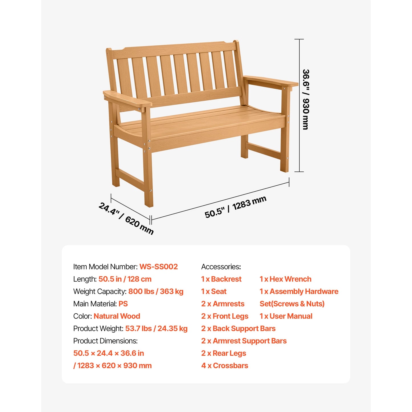 SucceBuy Outdoor Bench Wooden Metal Garden Bench for Outdoors 480 lbs Load Capacity Bench Outdoor Garden Park Bench