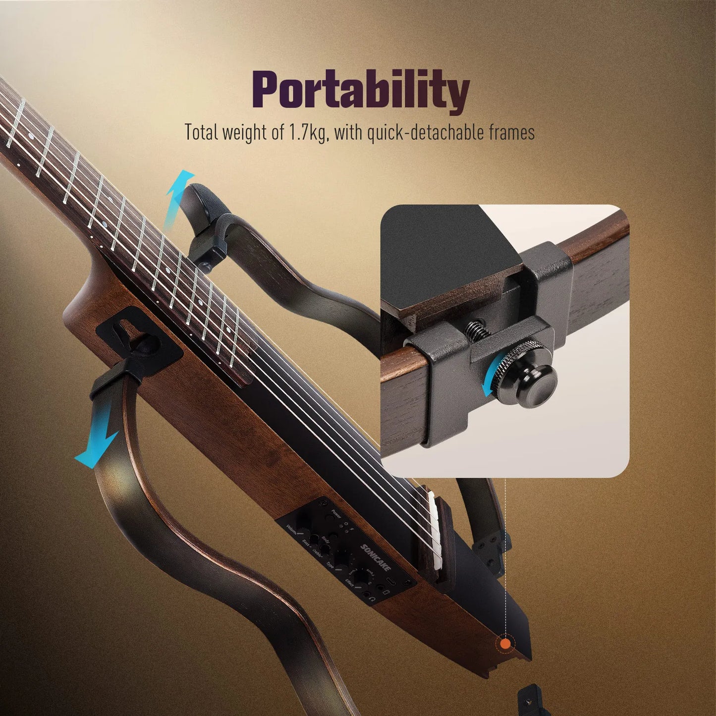 SONICAKE Silent Acoustic Electric Travel Guitar Solid Mahogany Body Assembly Frames Rechargeable shipping from US