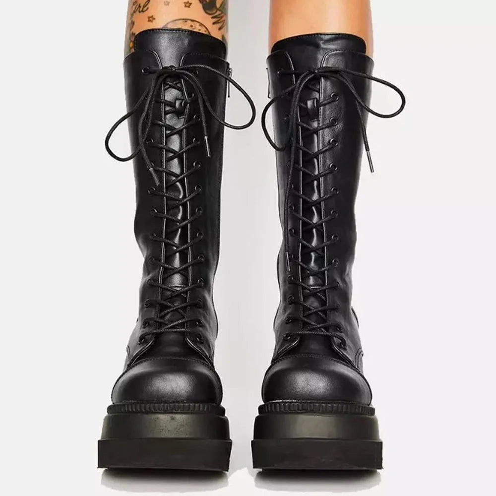 DoraTasia Gothic Lace Up Mid Calf Boots With Zipper