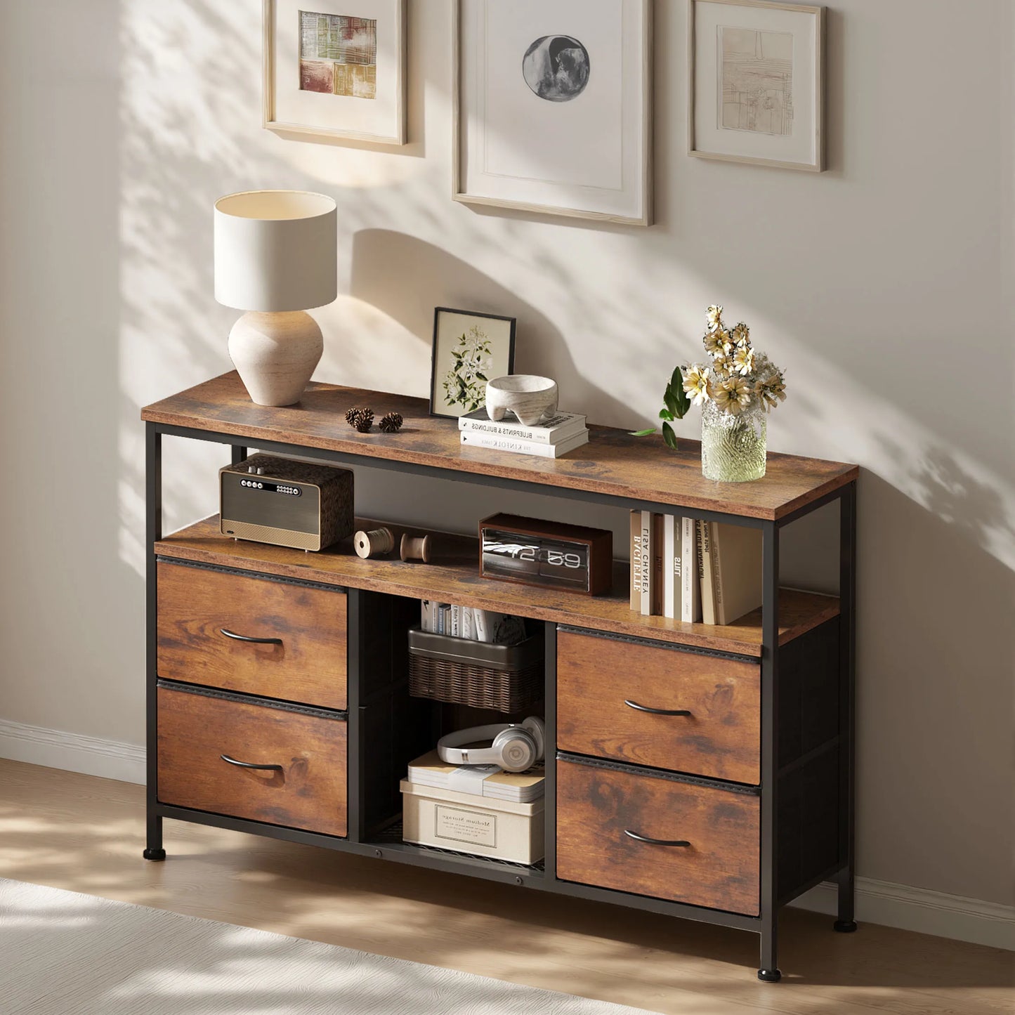 JHK Four Drawers TV Stand With LED Lights And Outlets