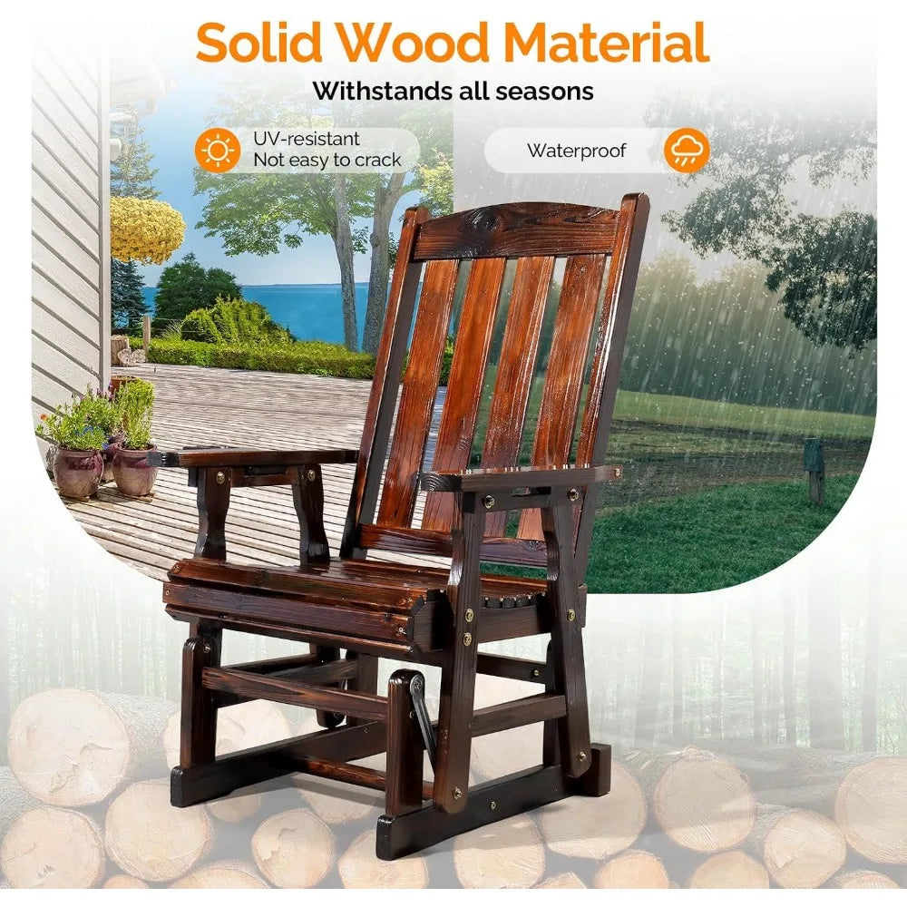 Outdoor Wooden Patio Glider Chair Cup Holder Smooth Rocking Rustic