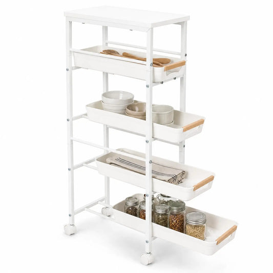 5 Tier Rolling Kitchen Cart With Pull Out Basket And Tabletop 20.5cm Storage Cart On Wheels Space Saving Organizer For Kitchen Living Room Pantry