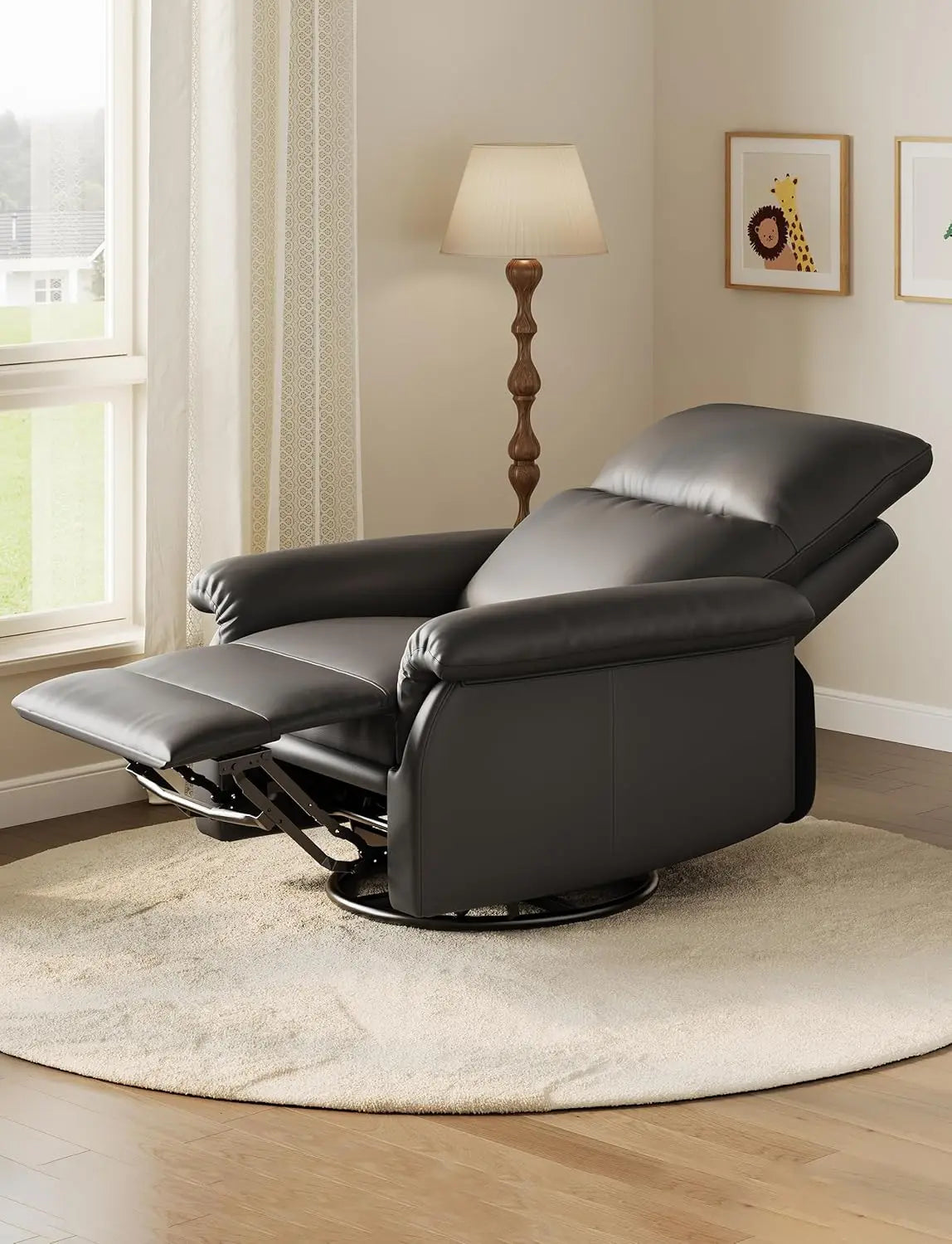 Recliner Chair, 360° Swivel Rocker Glider Nursery Chair with Padded Armrest and Deep Seat, PU Leather Upholstered Reclining Sofa Chair for Living Room